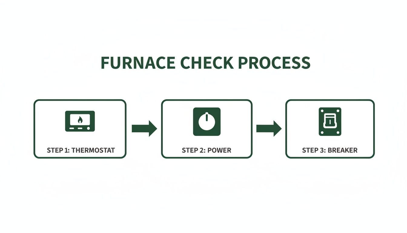 An infographic illustrating a three-step furnace check process: thermostat, power, and circuit breaker.