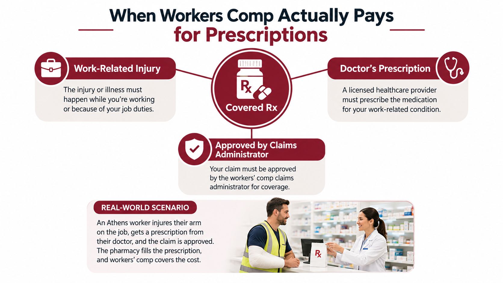 An infographic explaining the three core requirements for workers' compensation to cover medical prescription costs.