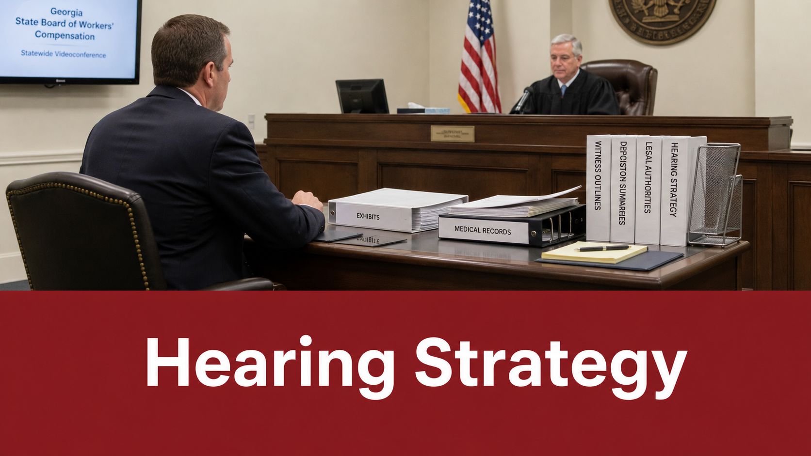 A defense attorney representing a client at a formal workers' compensation hearing before a judge.