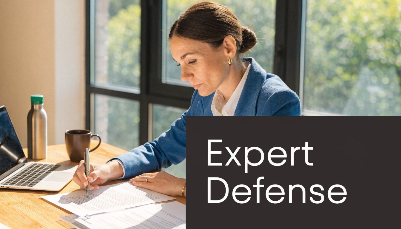 A professional woman in a blue blazer reviewing legal documents at a desk in a bright office.