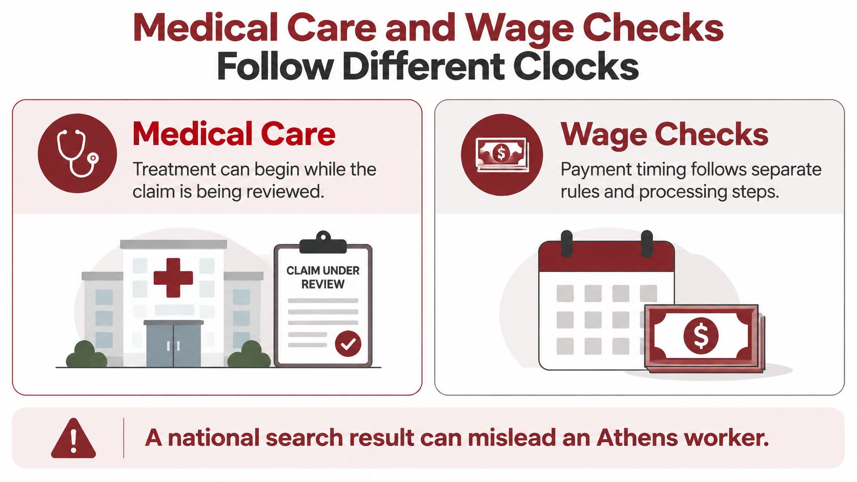 An infographic explaining that medical care and wage compensation follow different processing timelines for workers compensation claims.