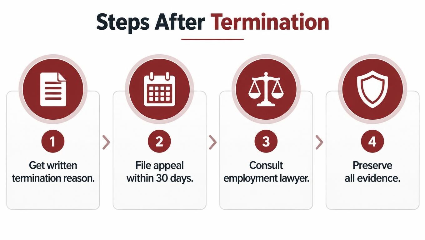 A four-step infographic showing the legal process for employees to take after being terminated from a job.