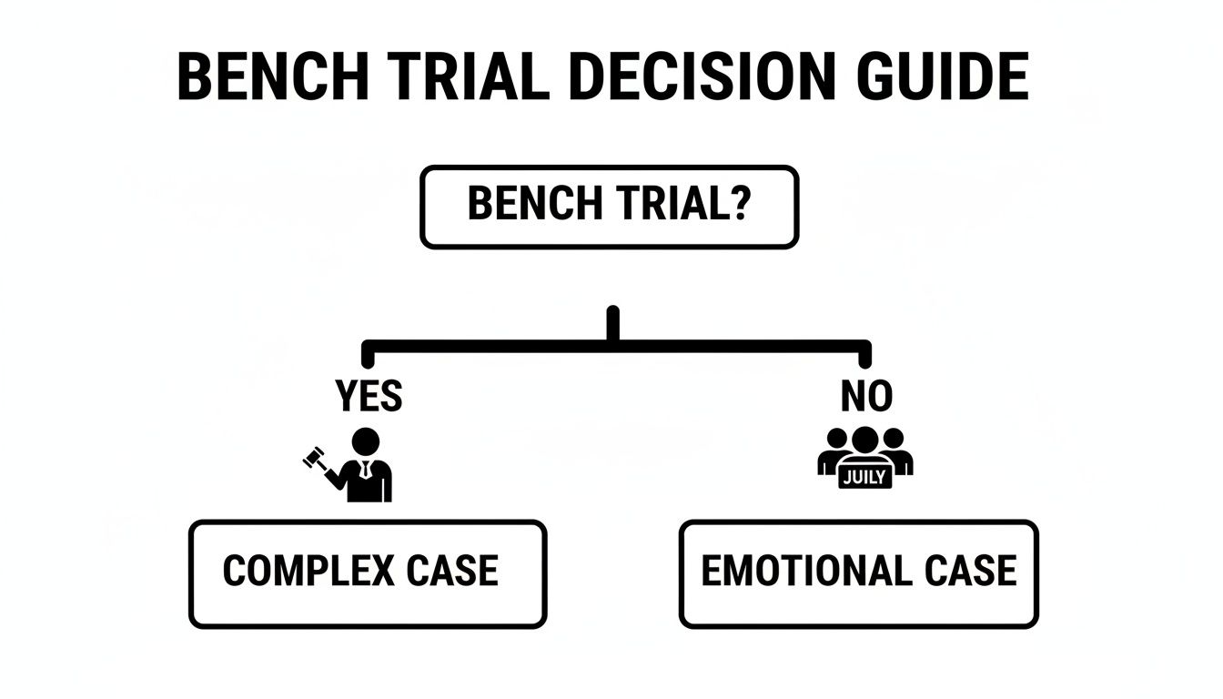 Flowchart titled 'Bench Trial Decision Guide' showing a judge for complex cases and a jury for emotional cases.