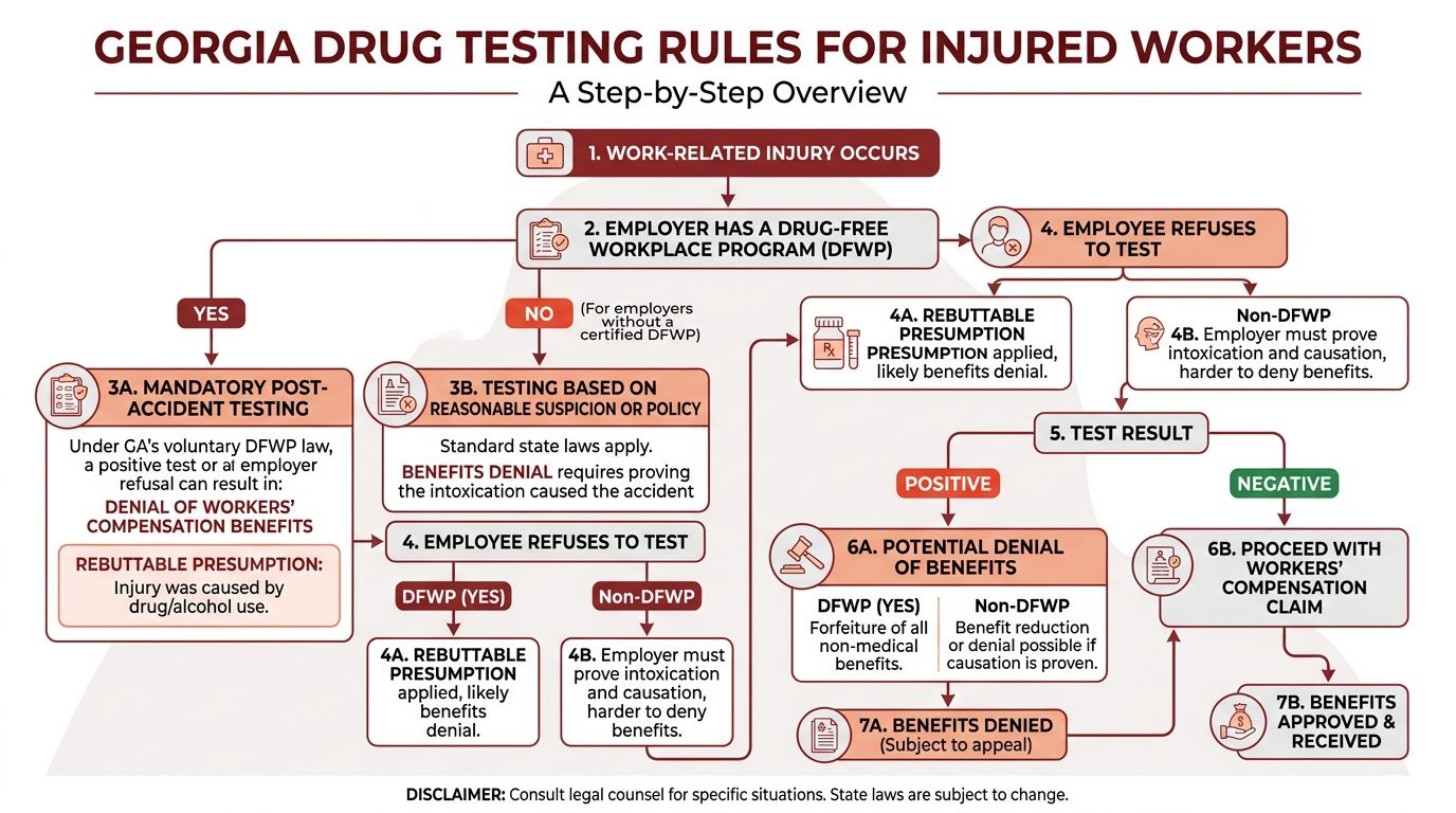 A flowchart detailing Georgia state drug testing rules for workers' compensation claims following a workplace injury.
