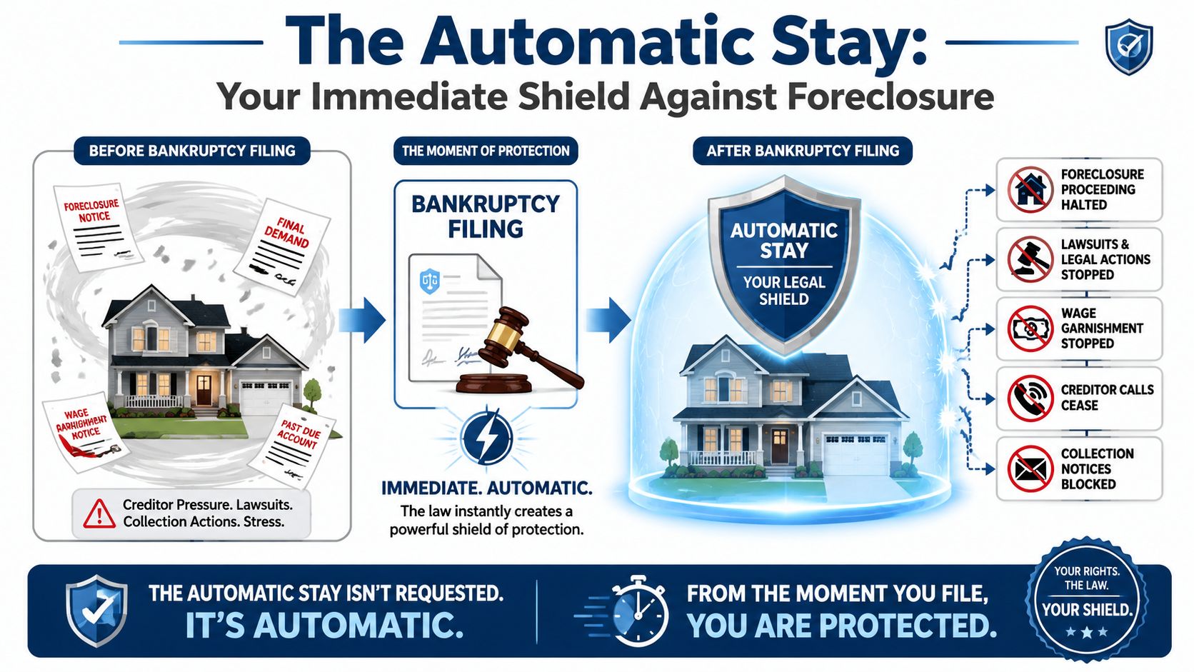 An infographic illustrating how filing for bankruptcy provides an automatic stay shield against foreclosure and creditor actions.