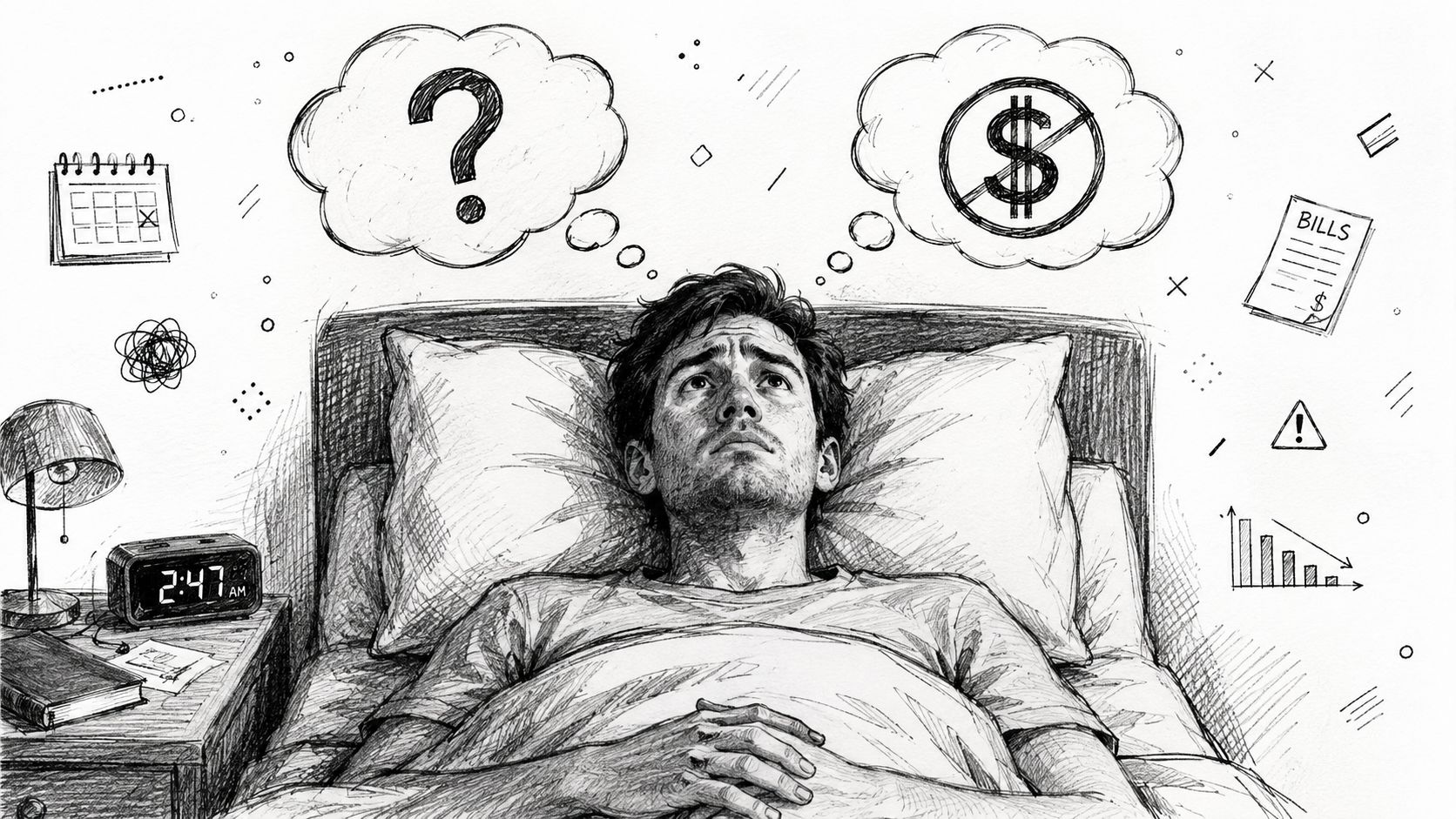A distressed man lying awake in bed at night, thinking about financial problems and unpaid bills.