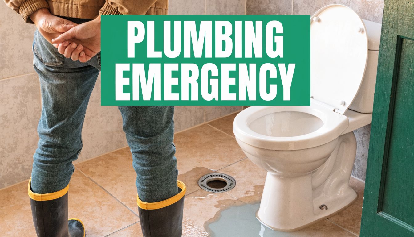 A person wearing rubber boots stands in a flooded bathroom near an overflowing toilet due to plumbing.