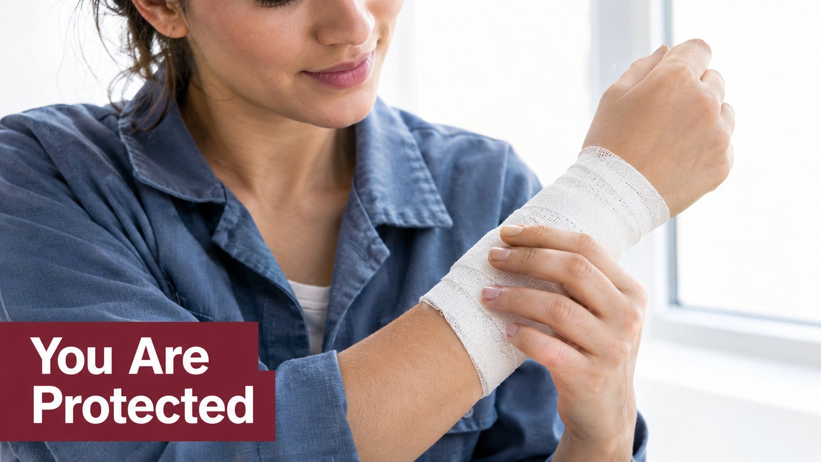 A woman wearing a white bandage on her wrist while looking down thoughtfully, symbolizing workplace injury recovery.