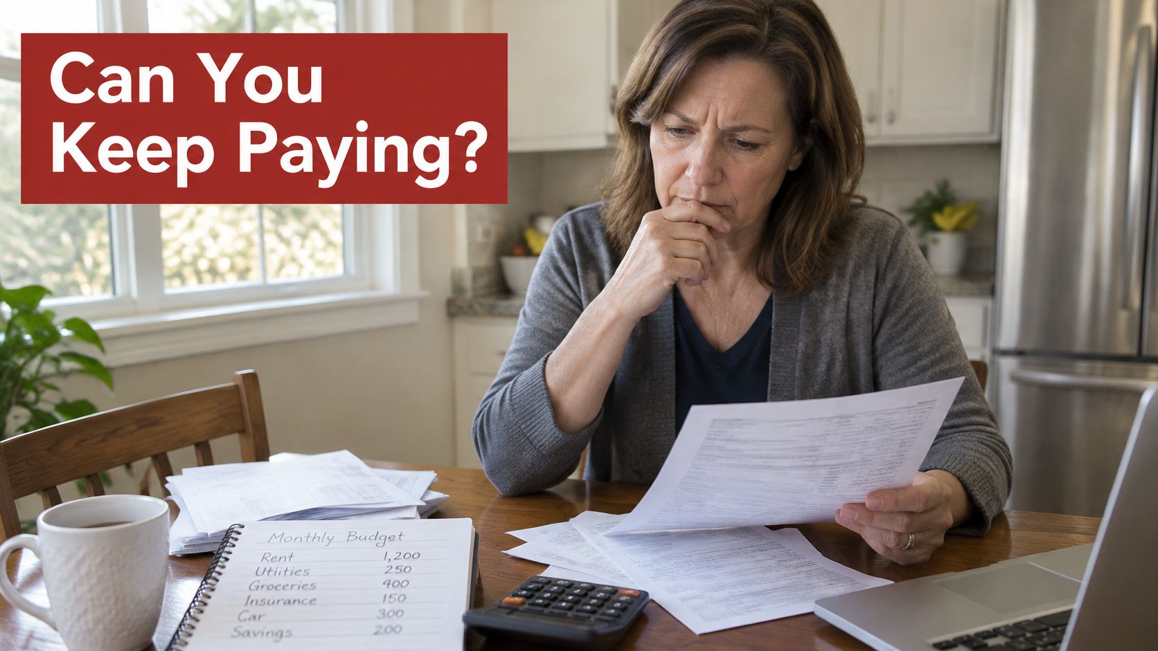 A worried woman reviewing her household finances and monthly budget while sitting at a kitchen table.