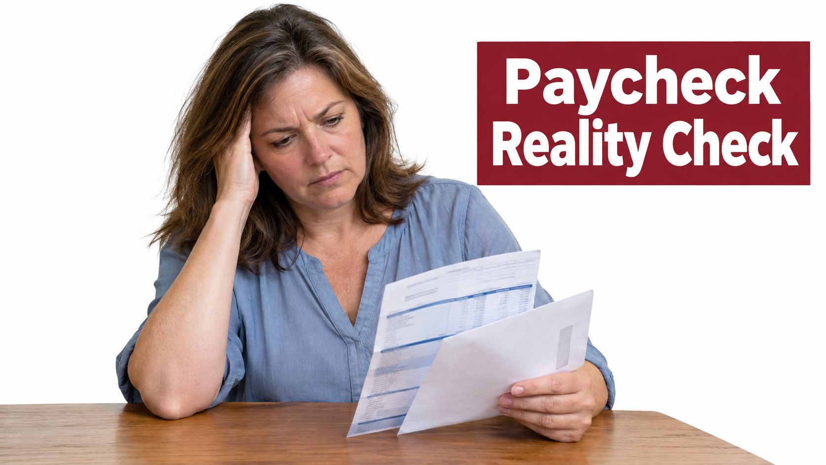 A worried woman sitting at a desk and reviewing her financial documents and paycheck information.