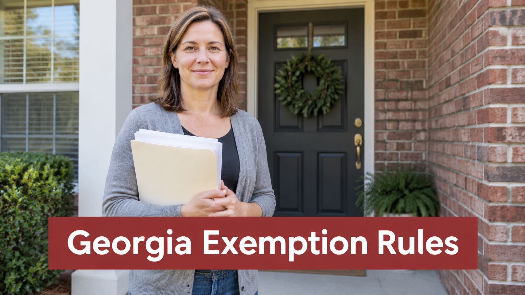 A professional woman holding a folder in front of a house, representing Georgia bankruptcy exemption rules.