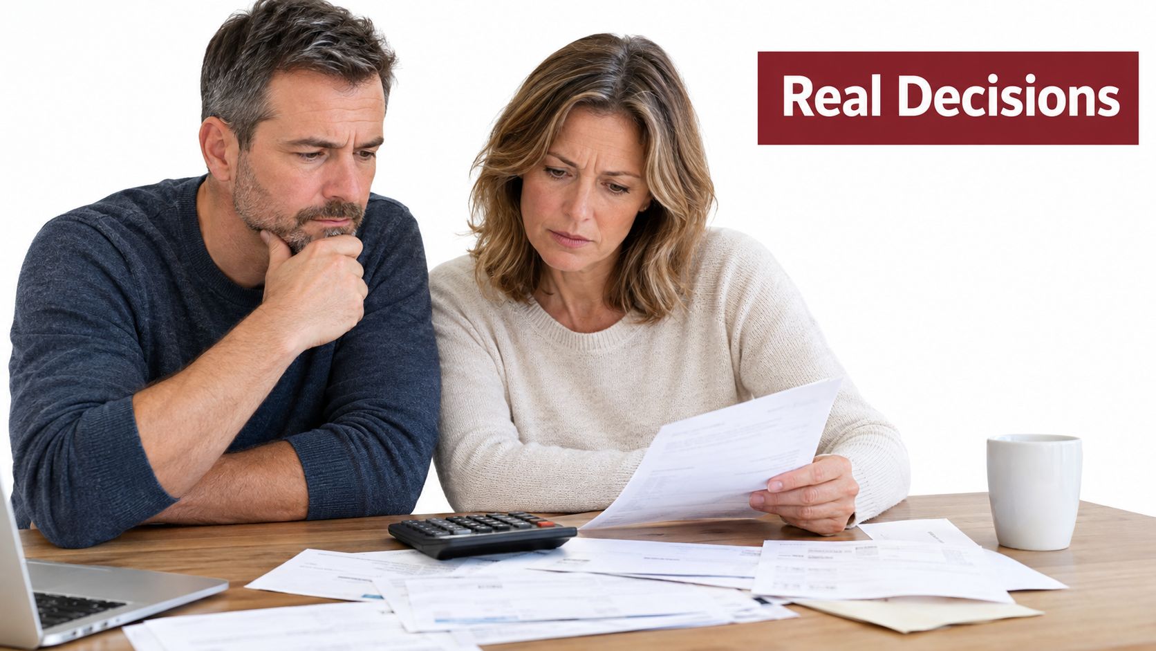 A concerned couple sitting at a table with bills and a calculator while discussing financial planning.