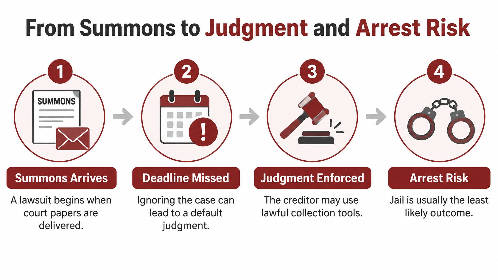 A diagram illustrating the progression from receiving a legal summons to potential arrest for unpaid debt.