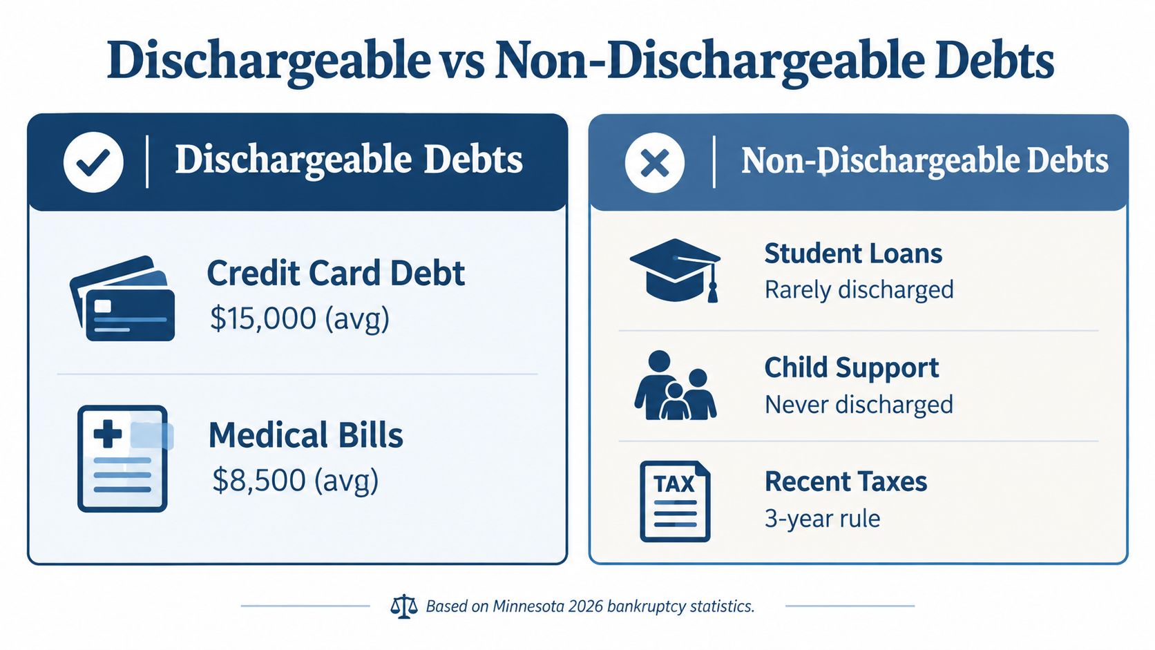 A comparison chart showing examples of dischargeable debts versus non-dischargeable debts in Minnesota bankruptcy cases.