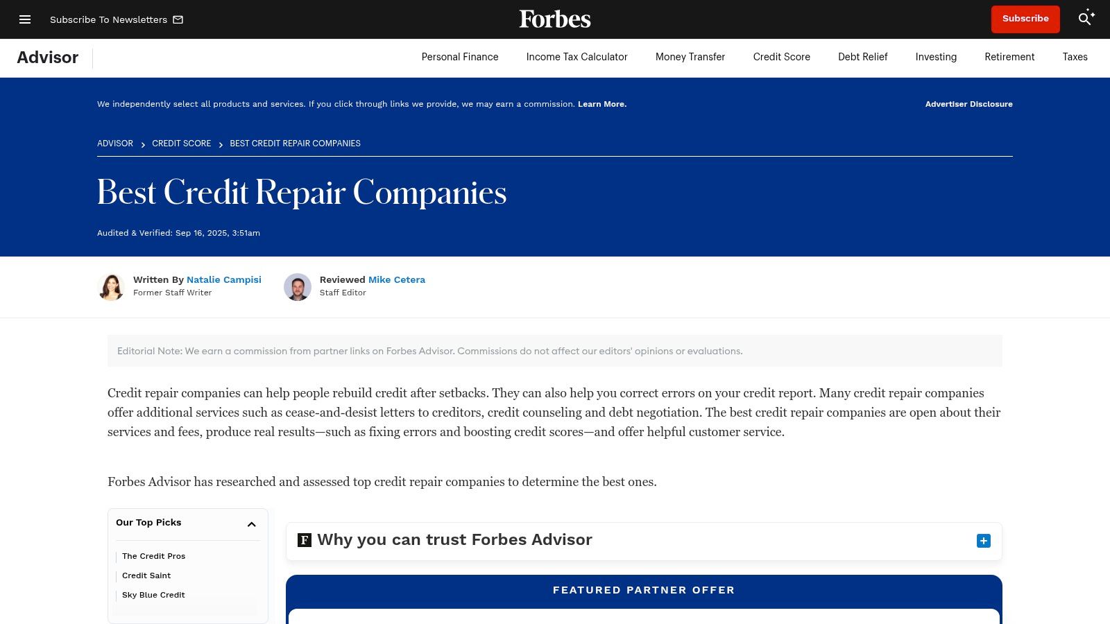 Forbes Advisor (Best Credit Repair Companies comparison hub)