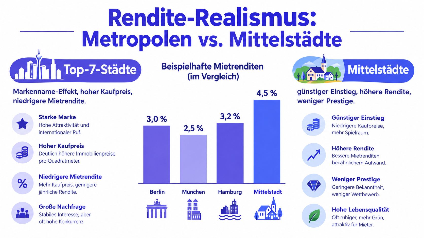Vergleichsgrafik zwischen Renditen von Immobilien in deutschen Top-7-Metropolen und kleineren Mittelstädten zur Investitionsentscheidung.