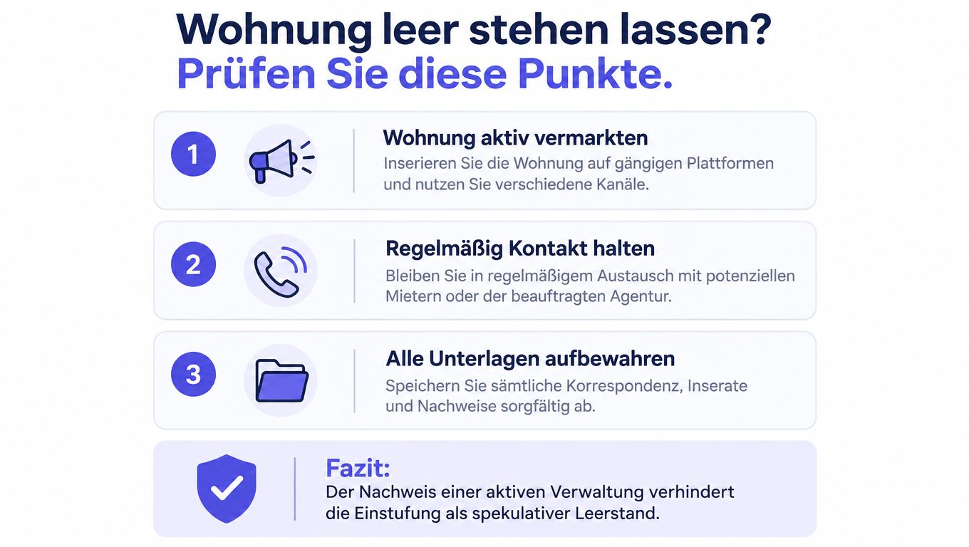 Infografik mit drei Tipps zur aktiven Vermarktung und Verwaltung einer leerstehenden Wohnung zur Vermeidung von Spekulationsverdacht.