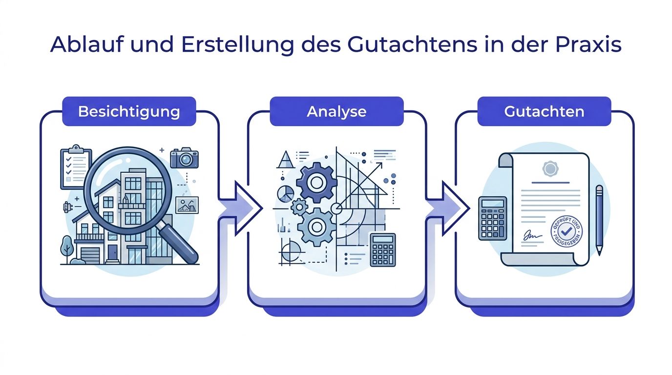 Eine Infografik, die den dreistufigen Prozess der Erstellung eines Wertgutachtens für Immobilien von der Besichtigung bis zum Gutachten zeigt.