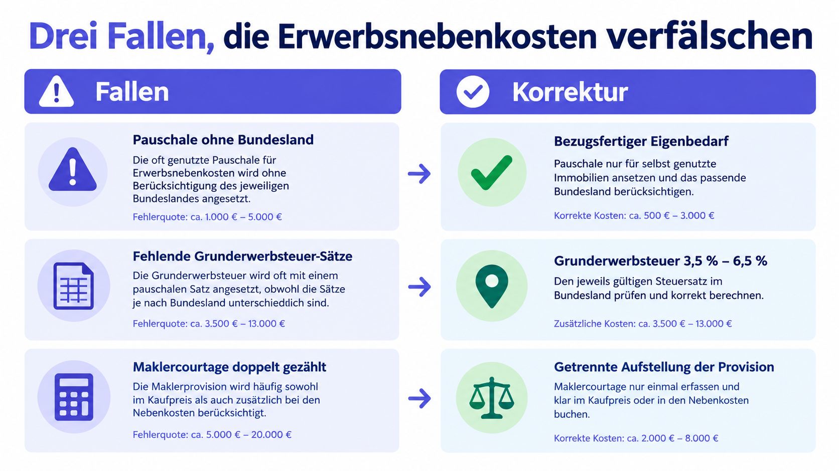 Infografik zeigt drei häufige Fehler bei der Berechnung von Immobilien-Kaufnebenkosten und die entsprechenden Lösungen für Immobilienkäufer.