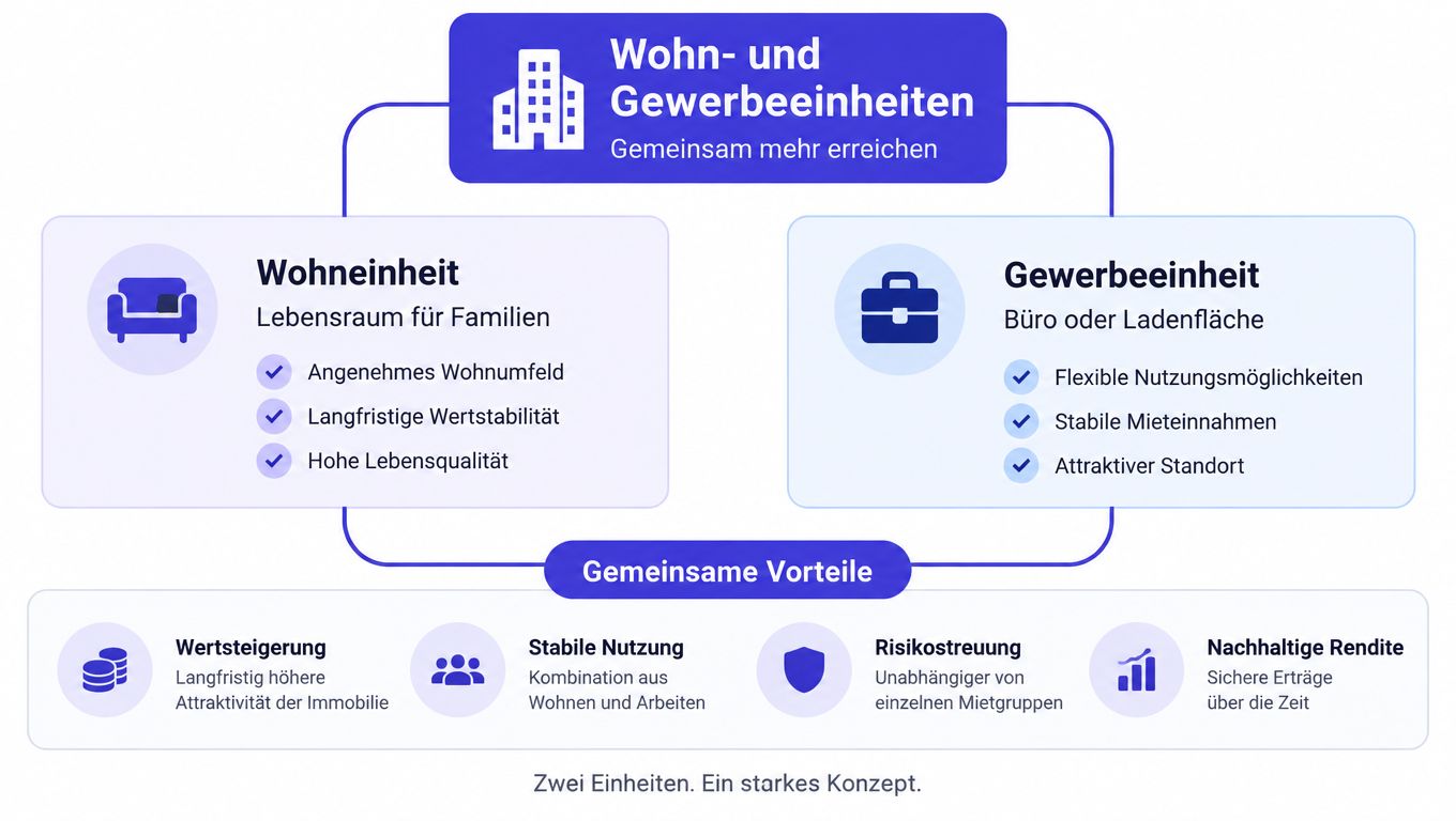 Grafik zur Kombination von Wohn- und Gewerbeeinheiten mit deren Vorteilen für Stabilität und langfristige Wertentwicklung der Immobilien.