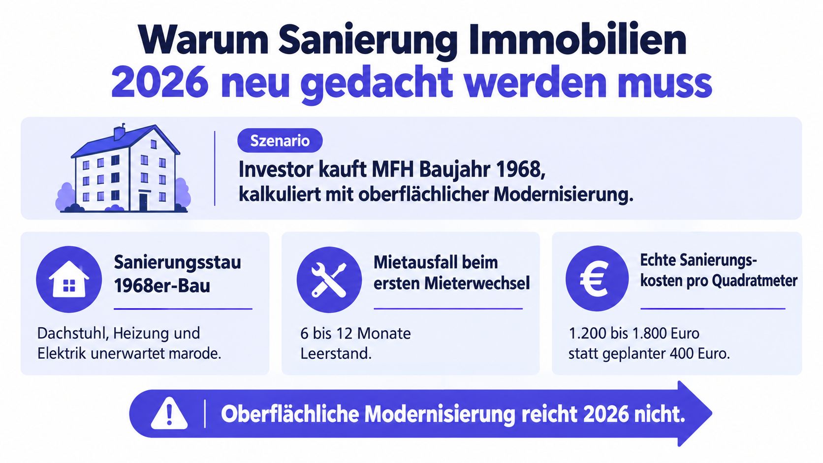 Eine Infografik zur Immobilien-Sanierung, die zeigt, warum oberflächliche Modernisierungen bei 1968er Gebäuden im Jahr 2026 nicht ausreichen.