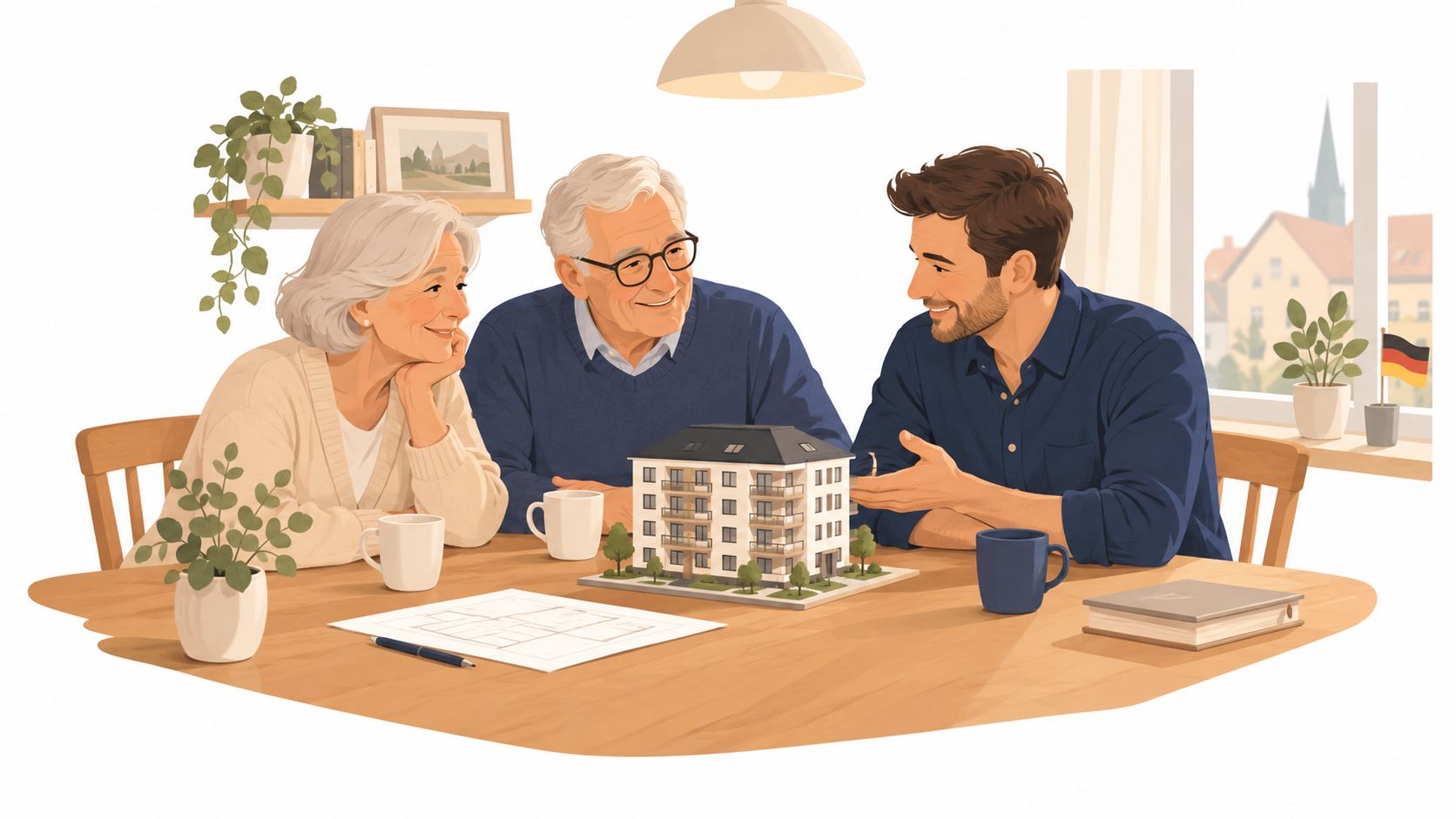 Ein älteres Paar sitzt mit einem Immobilienberater an einem Tisch und bespricht ein Modell eines Mehrfamilienhauses.