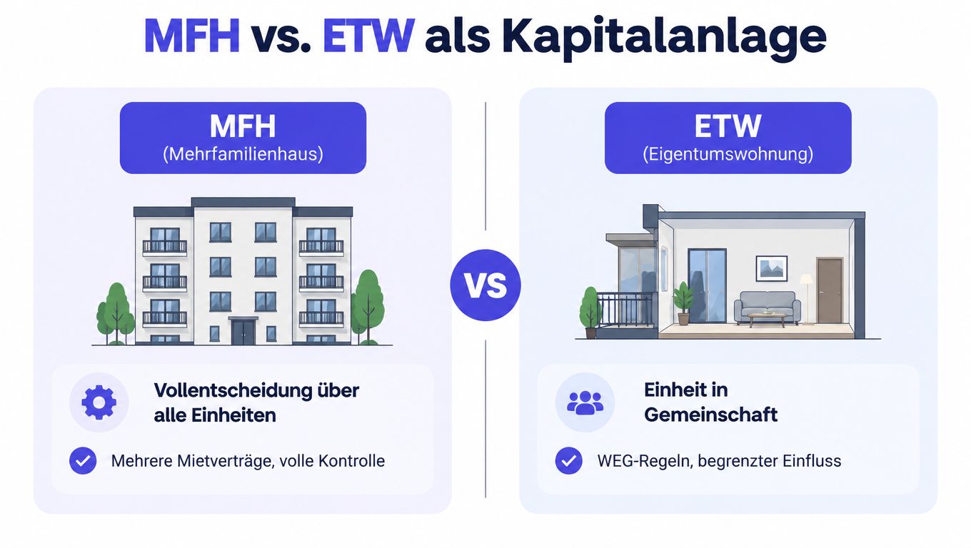 Vergleichsgrafik zwischen Mehrfamilienhaus und Eigentumswohnung als Kapitalanlage mit Hinweisen zu Kontrolle und gemeinschaftlichen Regeln.