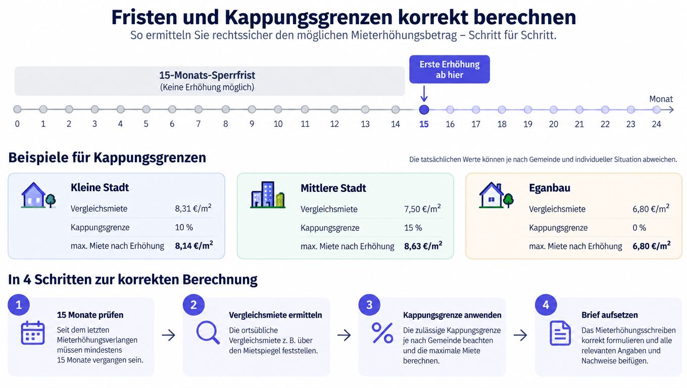 Eine Infografik zur rechtssicheren Berechnung von Mieterhöhungen, Kappungsgrenzen und der gesetzlich vorgeschriebenen 15-Monate-Sperrfrist für Vermieter.
