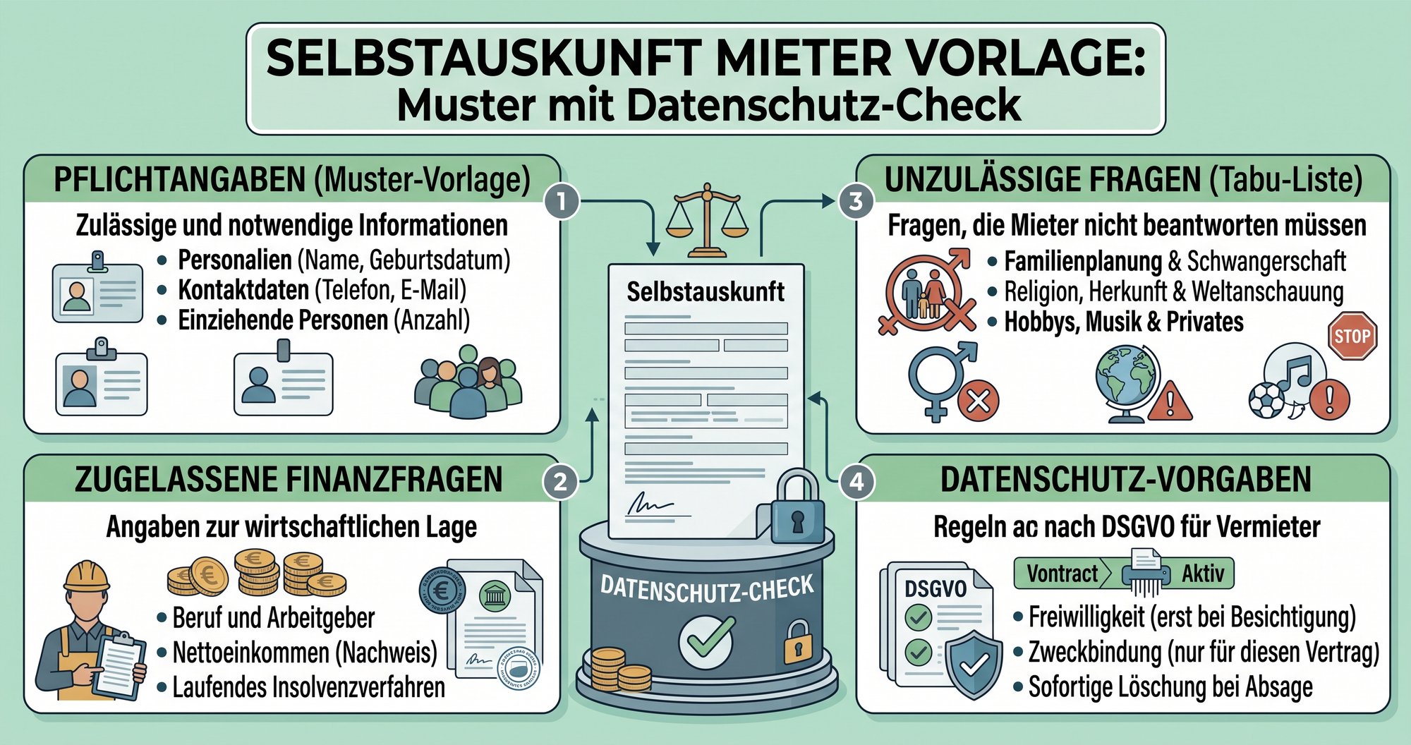 Selbstauskunft Mieter Vorlage, Muster mit Datenschutz-Check