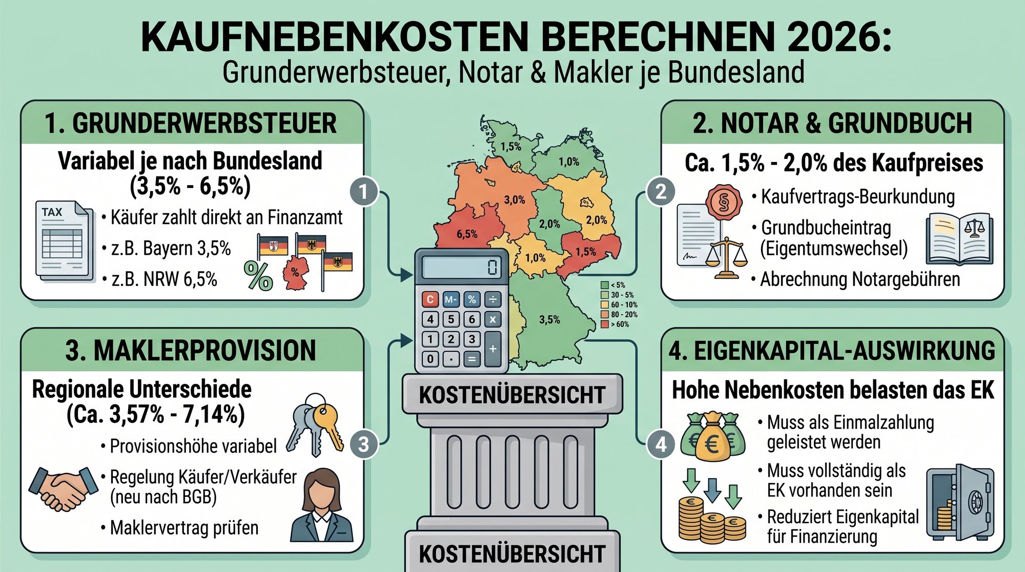 Kaufnebenkosten berechnen 2026: Grunderwerbsteuer, Notar & Makler je Bundesland