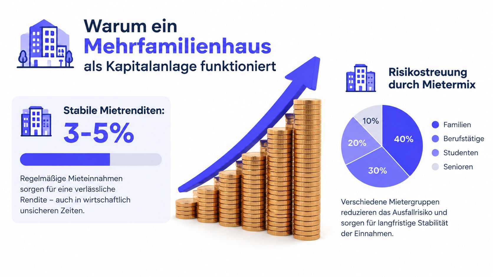 Infografik über die Vorteile einer Investition in ein Mehrfamilienhaus als stabile und risikoarme Kapitalanlage für Anleger.