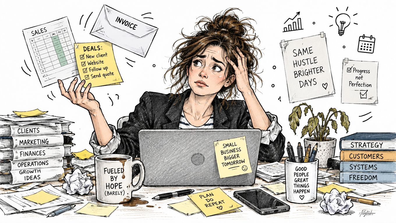 A stressed female entrepreneur at a cluttered desk managing business tasks, sales, and notes on her laptop.