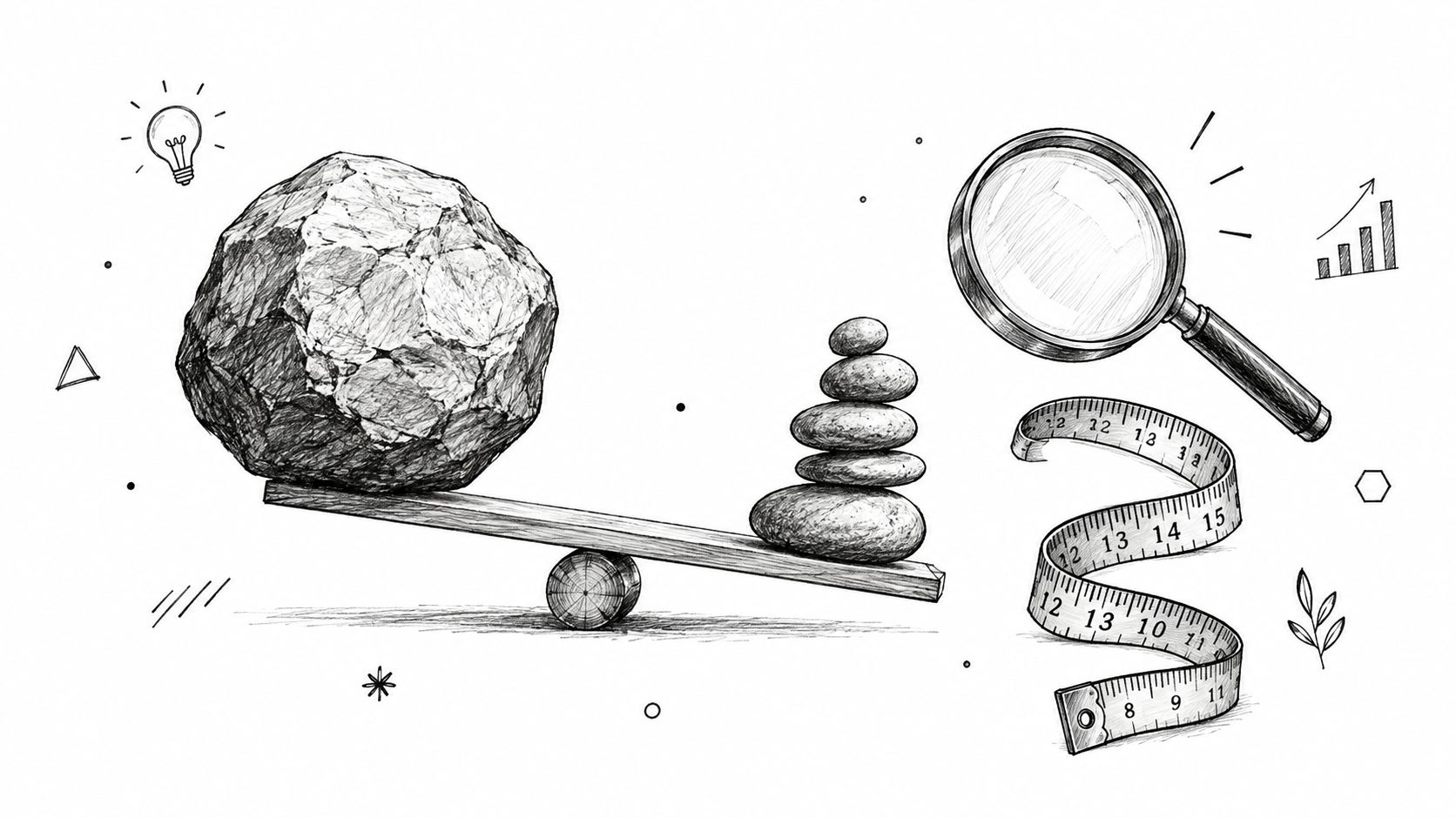 A pencil sketch illustration showing a large rock balanced against a stack of smaller zen stones.