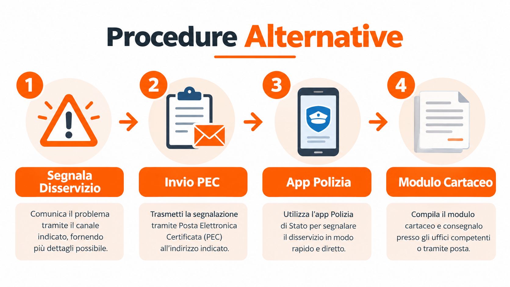 Infografica con le procedure alternative per segnalare un disservizio di Polizia tramite PEC, app o modulo cartaceo.