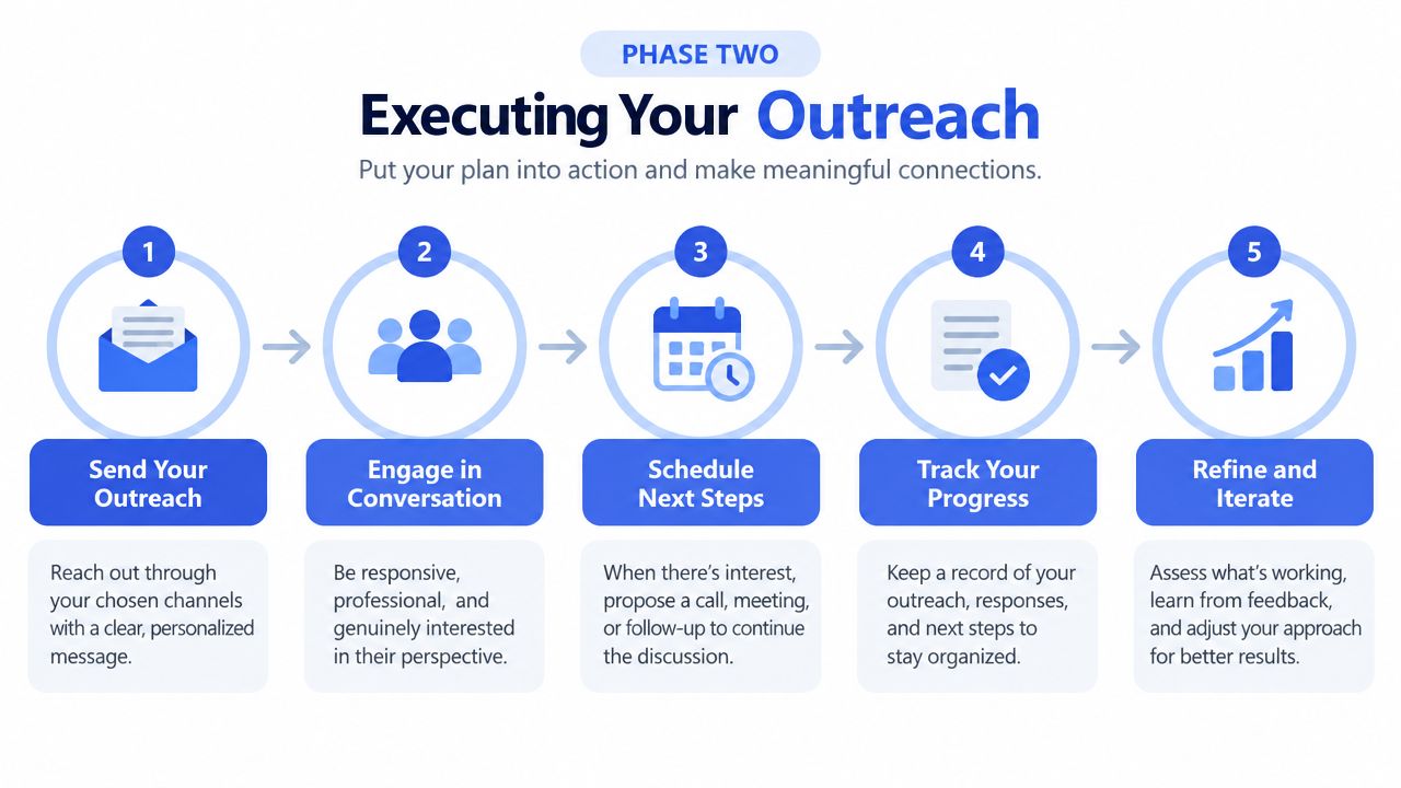 A five-step flowchart outlining the process for executing professional outreach and making meaningful connections with prospects.