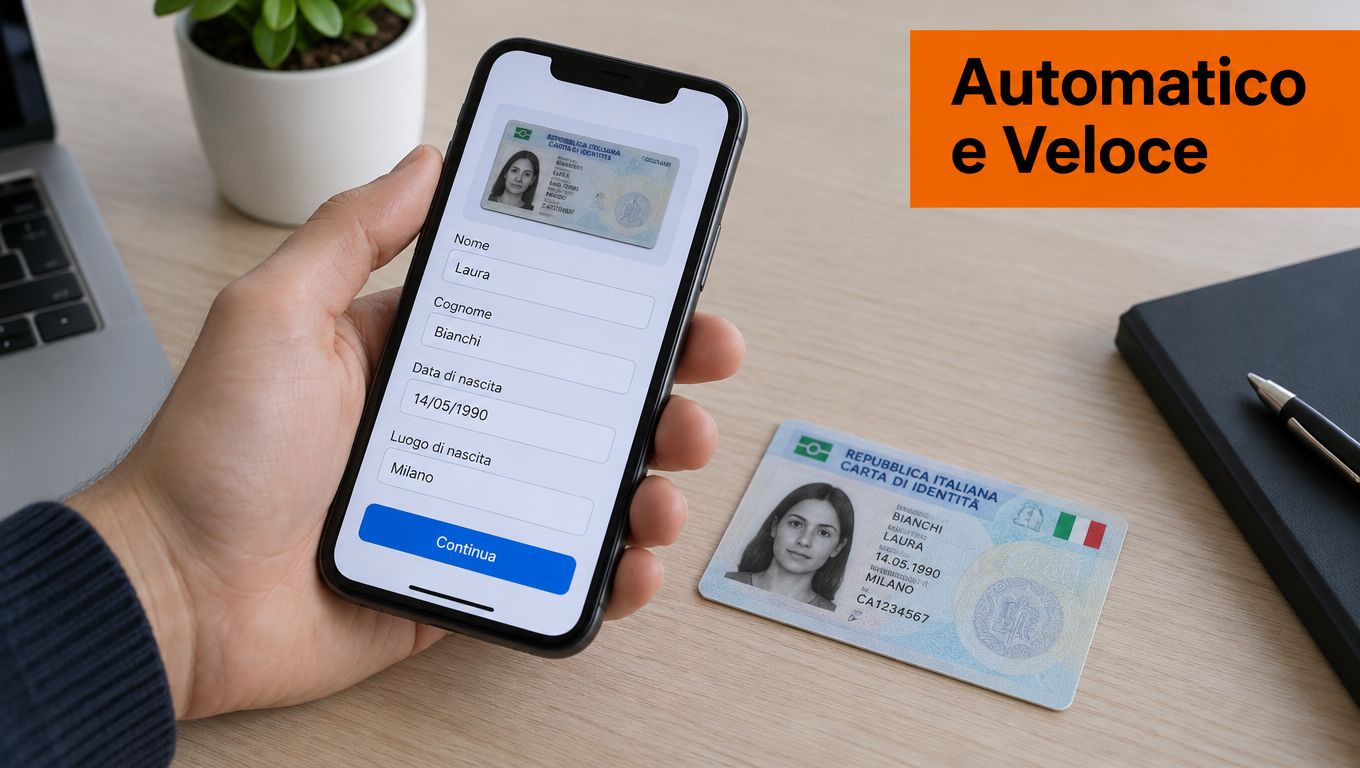 Una mano tiene uno smartphone che scansiona una carta d'identità italiana per compilare automaticamente i moduli digitali.