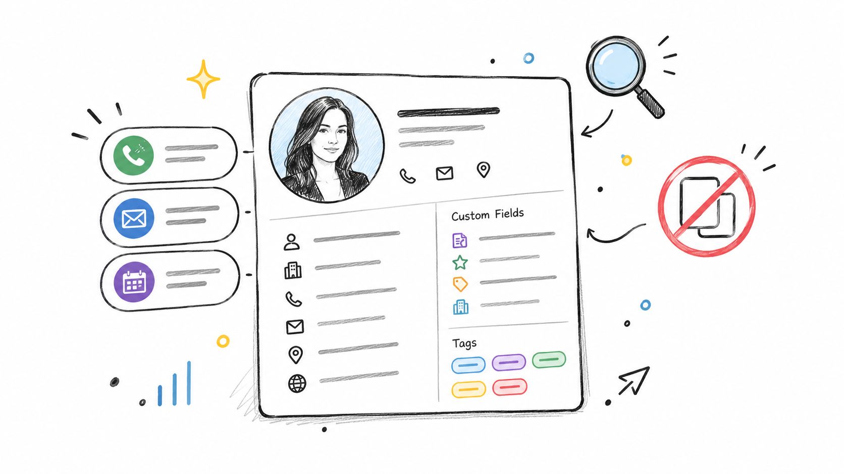 A hand-drawn sketch of a customer relationship management contact profile interface with icons and various input fields.