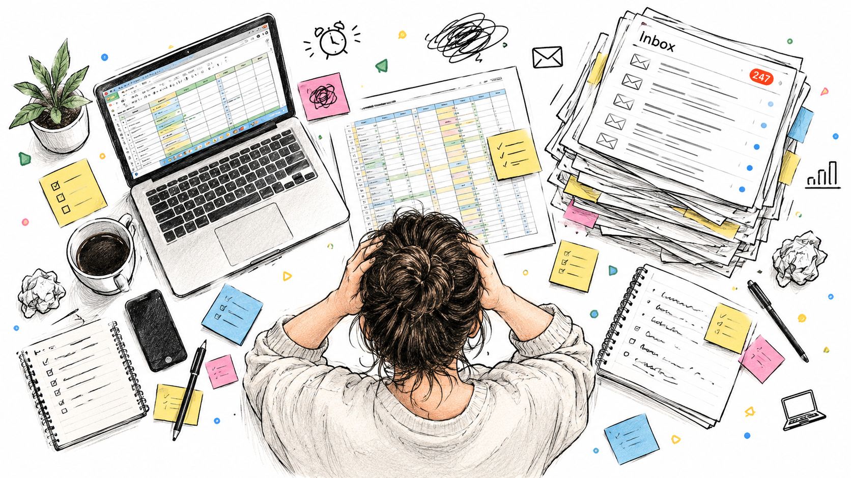 Stressed person sitting at a messy desk with a laptop, spreadsheets, and a large pile of emails.