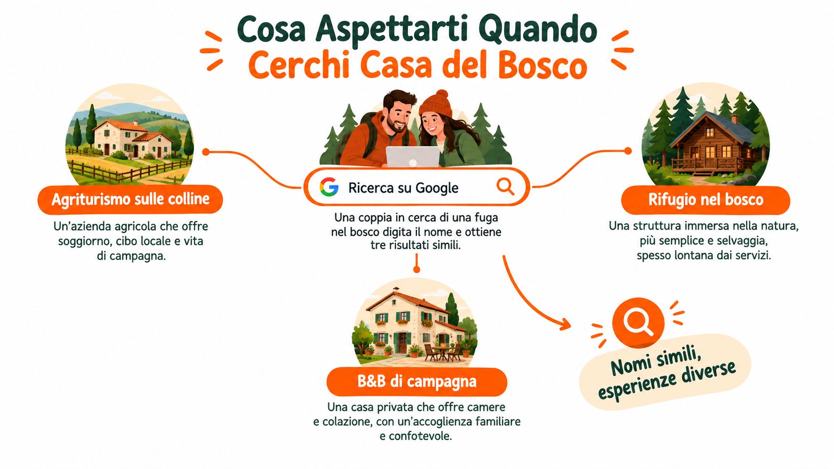 Un'infografica che spiega come trovare diverse strutture ricettive cercando Casa del Bosco su Google.