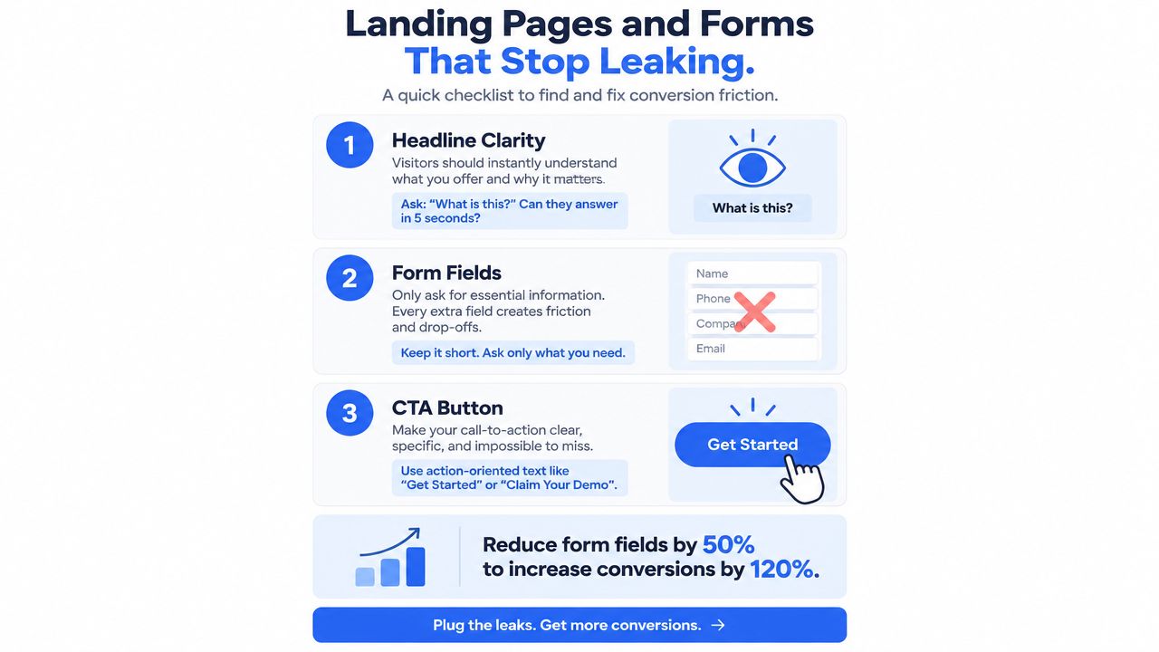 A checklist infographic illustrating how to optimize landing pages and forms to increase website conversion rates.