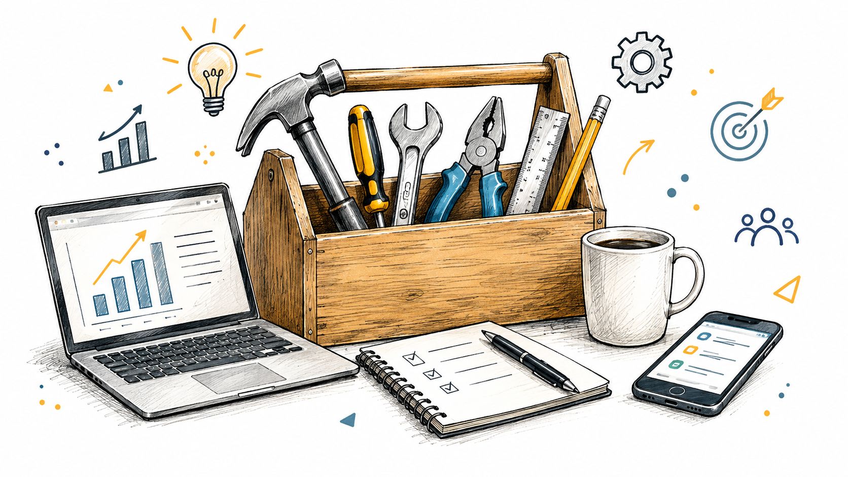 A wooden toolbox with various tools next to a laptop, notebook, and coffee mug on a desk.