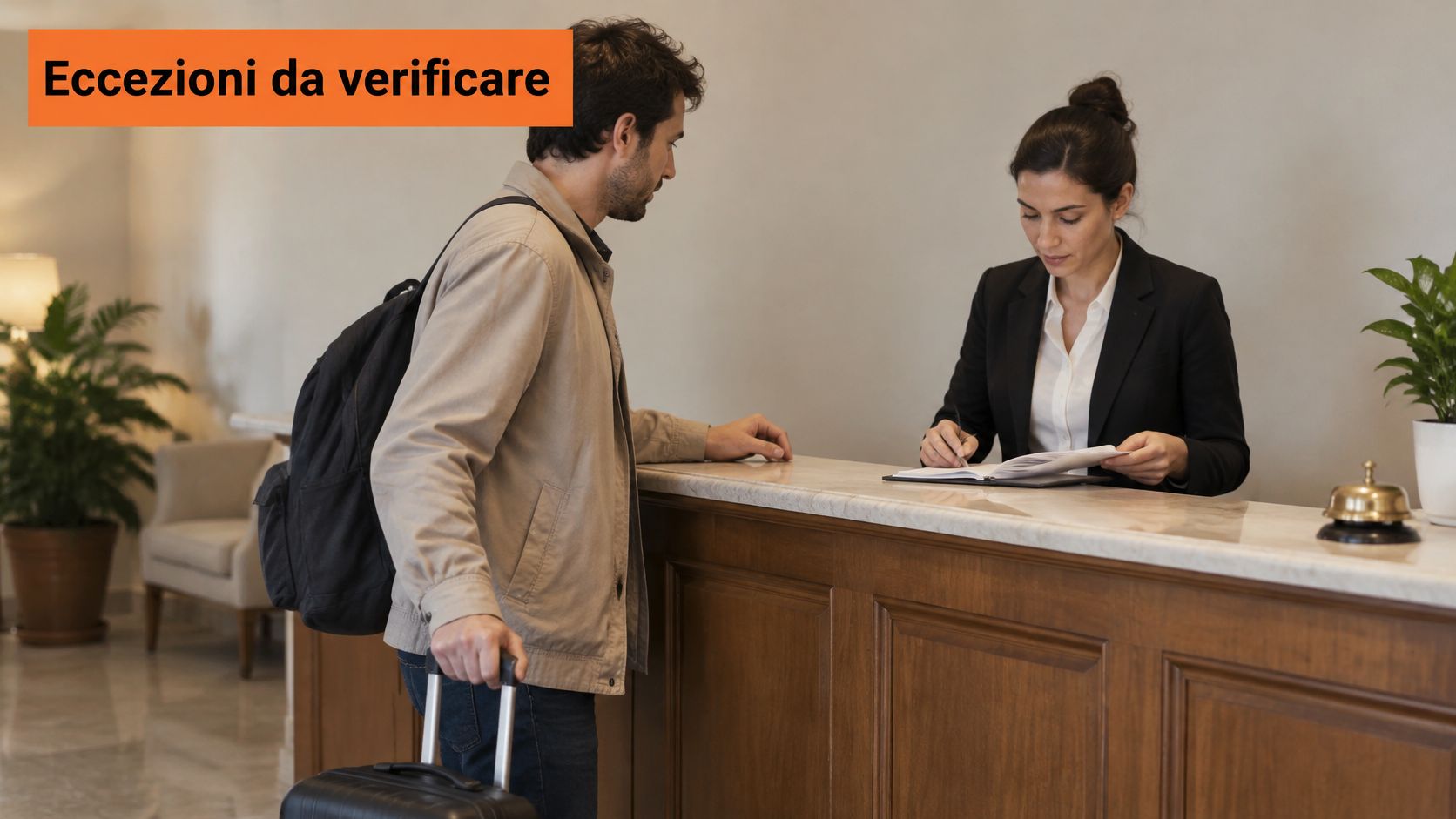 Un ospite con bagagli effettua il check-in alla reception di un hotel parlando con una receptionist.