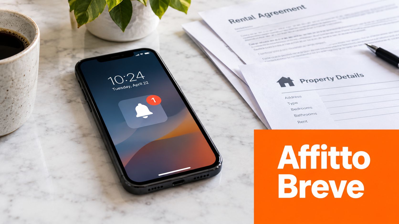 Smartphone appoggiato su un tavolo con un contratto di affitto e una tazza di caffè nelle vicinanze.