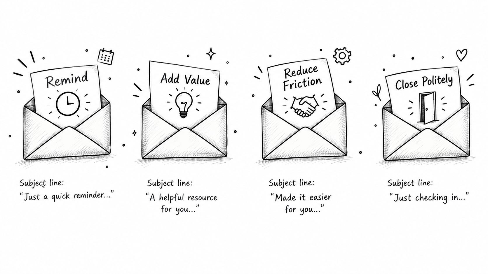 A hand-drawn illustration showing four envelopes representing steps for a cold email follow-up sequence.