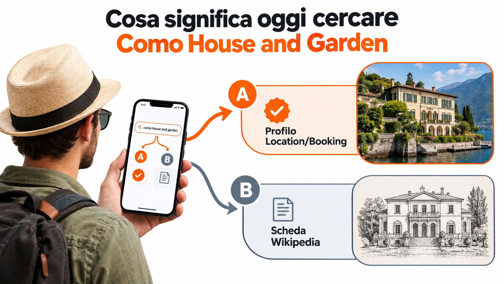 Un uomo osserva su uno smartphone i due tipi di risultati di ricerca per Como House and Garden.