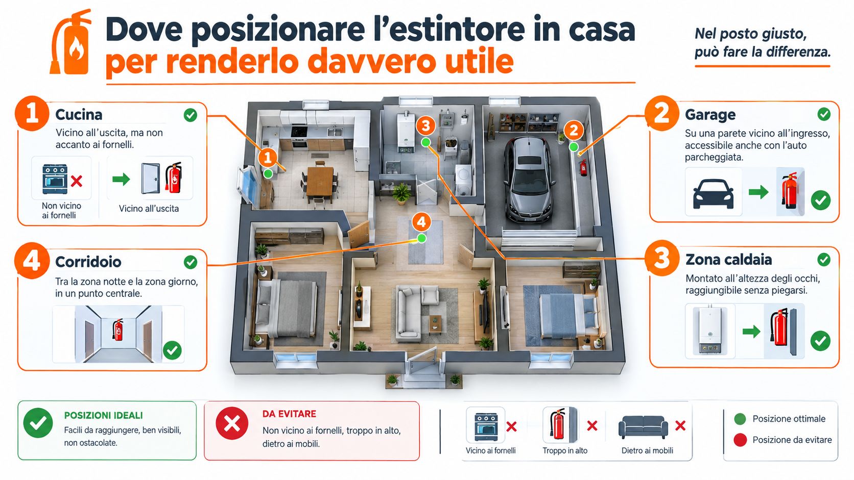 Una piantina di una casa che mostra i punti ideali dove posizionare un estintore per la sicurezza domestica.