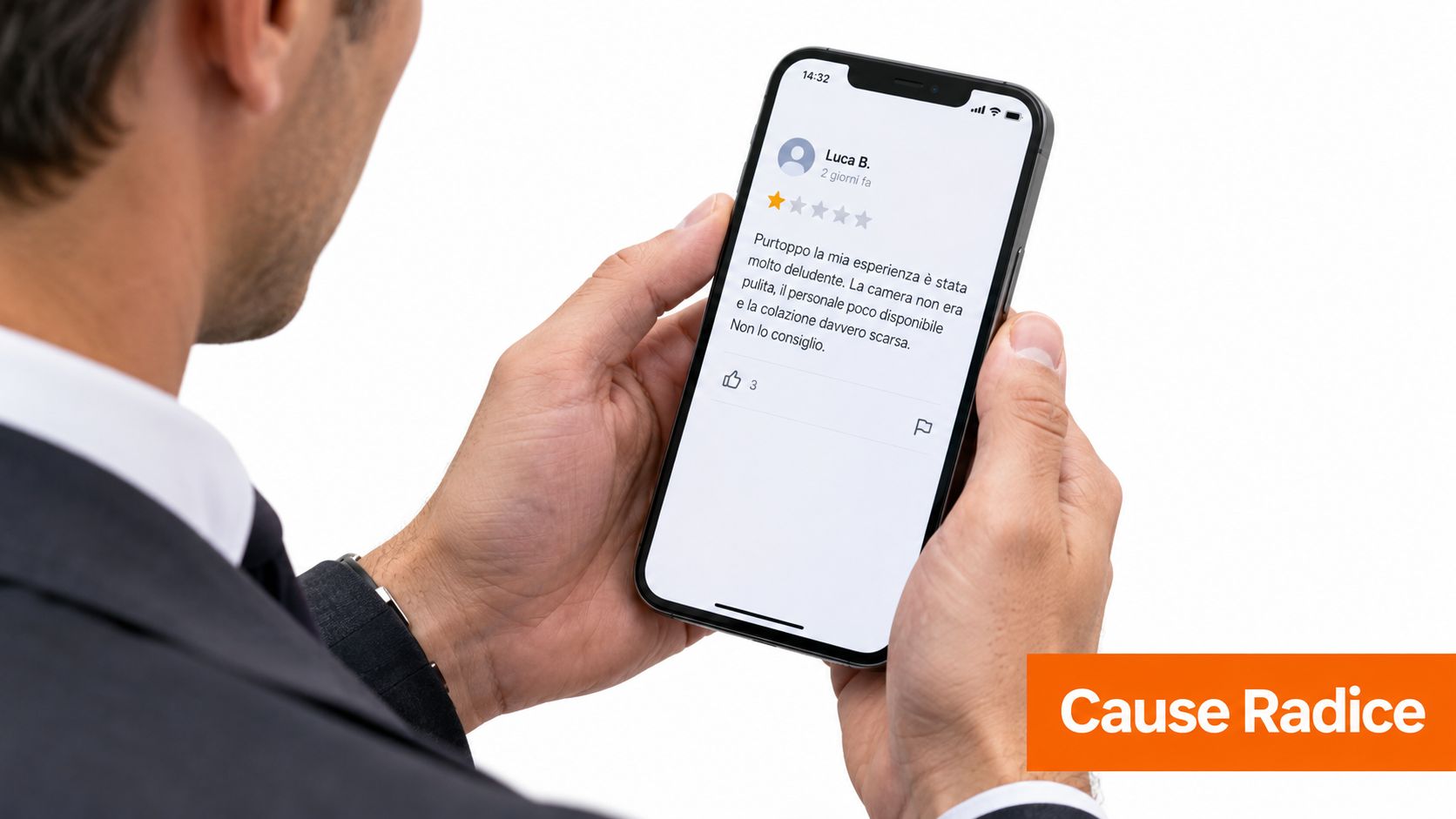 Un uomo d'affari legge una recensione negativa su un hotel utilizzando il suo smartphone.