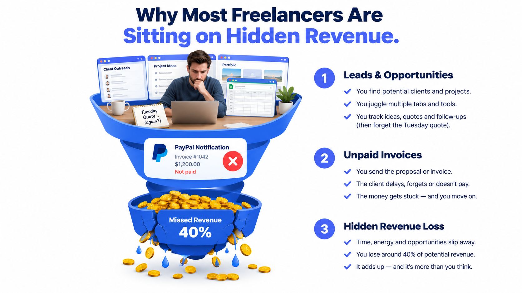An infographic illustrating how freelancers lose forty percent of potential revenue due to inefficient business management processes.