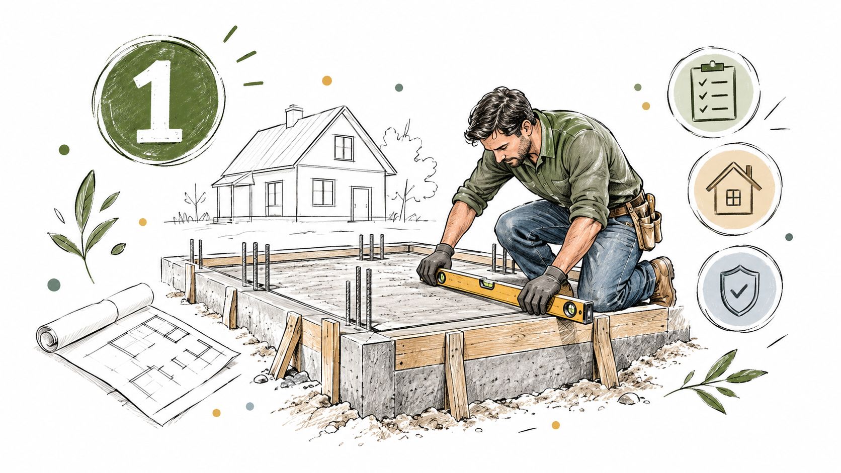 A construction worker uses a level tool on a concrete foundation at a residential building site.