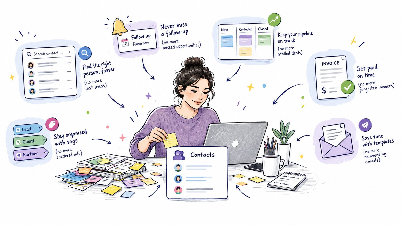 A woman working at a desk surrounded by digital icons representing CRM software features and task management.